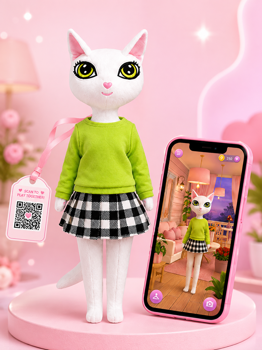 Purrmurrme toy, QR tag, and mobile game